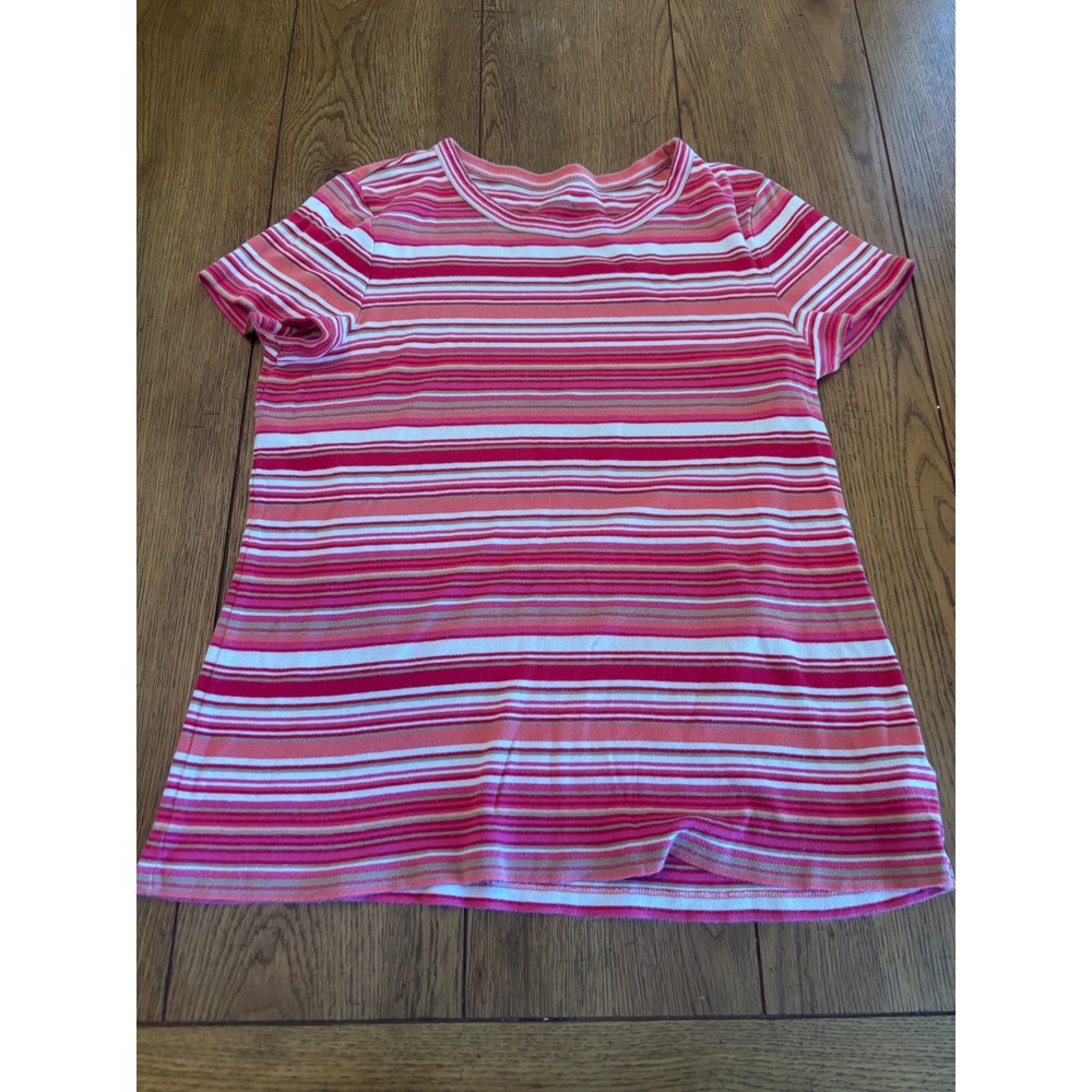 Talbots Striped Tee Women Large Pink Good Short Sleeve Cotton Crew Neck
